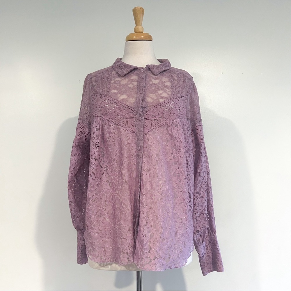 Free People Out West Lace Blouse NWT Lilac Sheer Button Front Top S - Picture 8 of 17